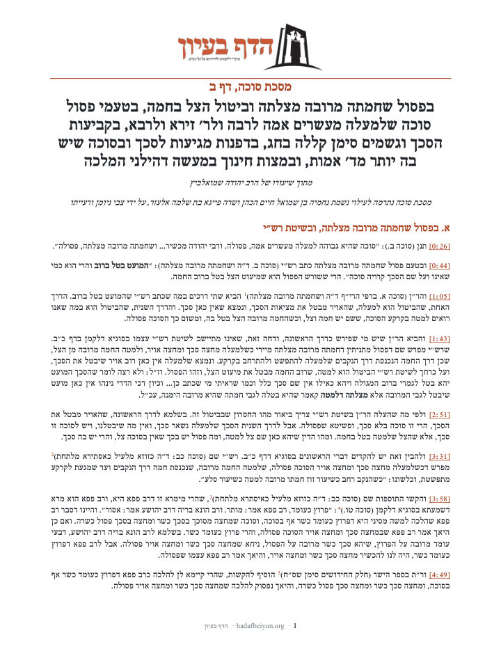First page of the written shiur on Succah 2